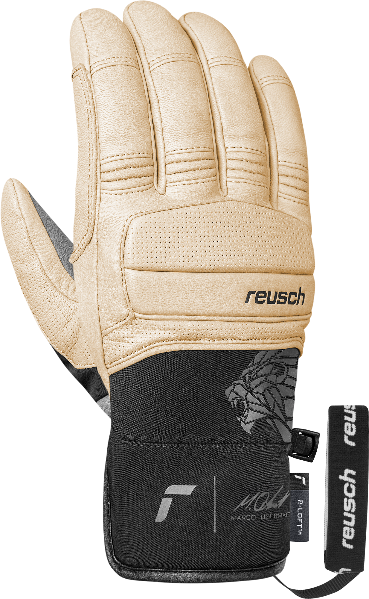 Heller Lederhandschuh mit schwarzer Manschette, seitlichem Band und Reusch-Logo. Löwenkopf-Design und Unterschrift auf der Manschette.