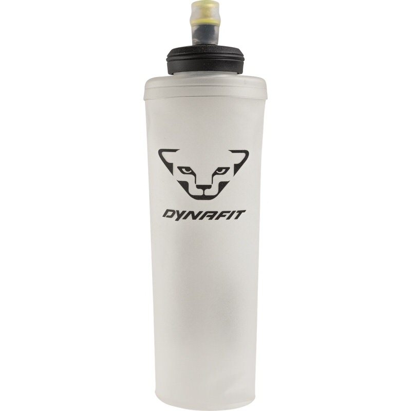 Weiße Dynafit Trinkflasche, 500ml, mit schwarzem Logo und Trinkverschluss.