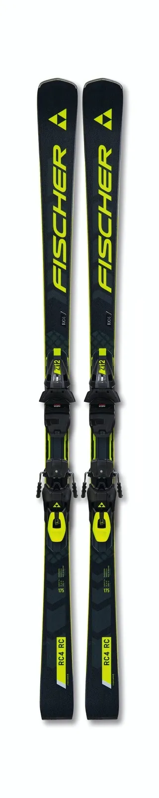 Ski RC4 WorldCup RC with Z12 binding, front view. Black and yellow design, Fischer logo clearly visible.