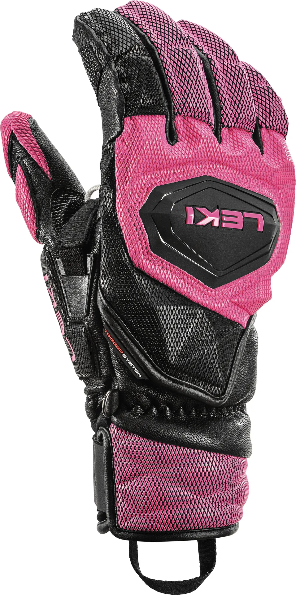 Close-up of a black/pink Leki Venom SL 3D racing glove.