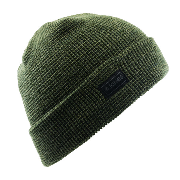 Green Jones Arlberg beanie in fisherman style with waffle knit and brand logo on a black patch.