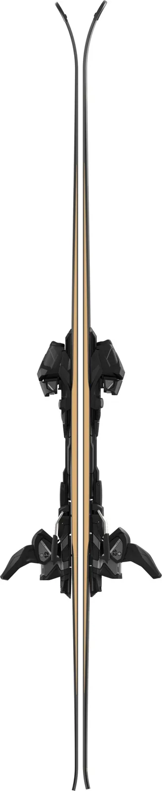 Top view of two skis standing parallel to each other with black bindings fitted. The skis have a beige line in the middle.