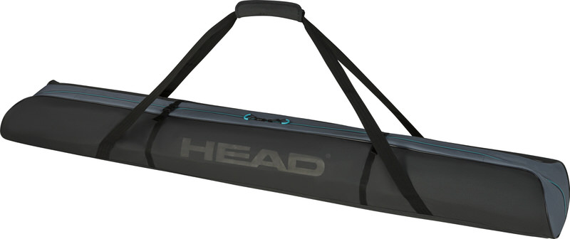 Dunkelgraue Head Double Skibag mit Tragegurten und blaugrünem Reißverschluss. Das Head-Logo ist groß aufgedruckt.