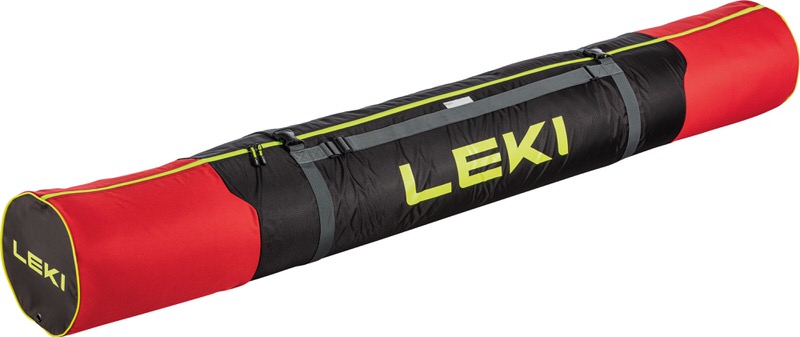 Leki Cross Country Skibag: Schwarze Skitasche mit roten Enden und gelbem "LEKI"-Logo.