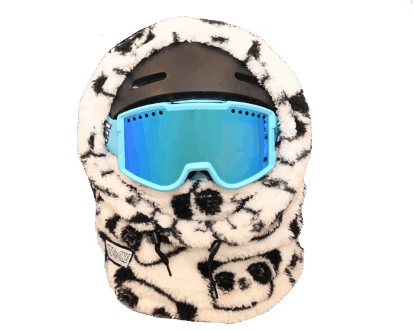 Children's balaclava: white and black, panda design with spots. Soft plush fabric over a black ski helmet, blue ski goggles. Protects the head, neck, and face from the cold.