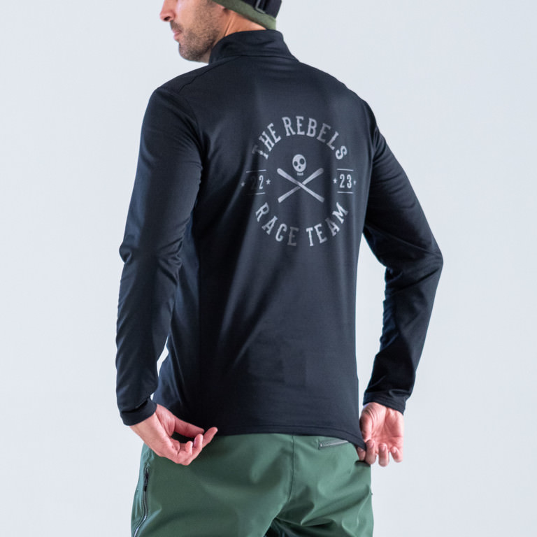 Schwarzer Head Rebels RT Midlayer für Herren, Rückenansicht mit großem "Rebels Race Team" Druck.