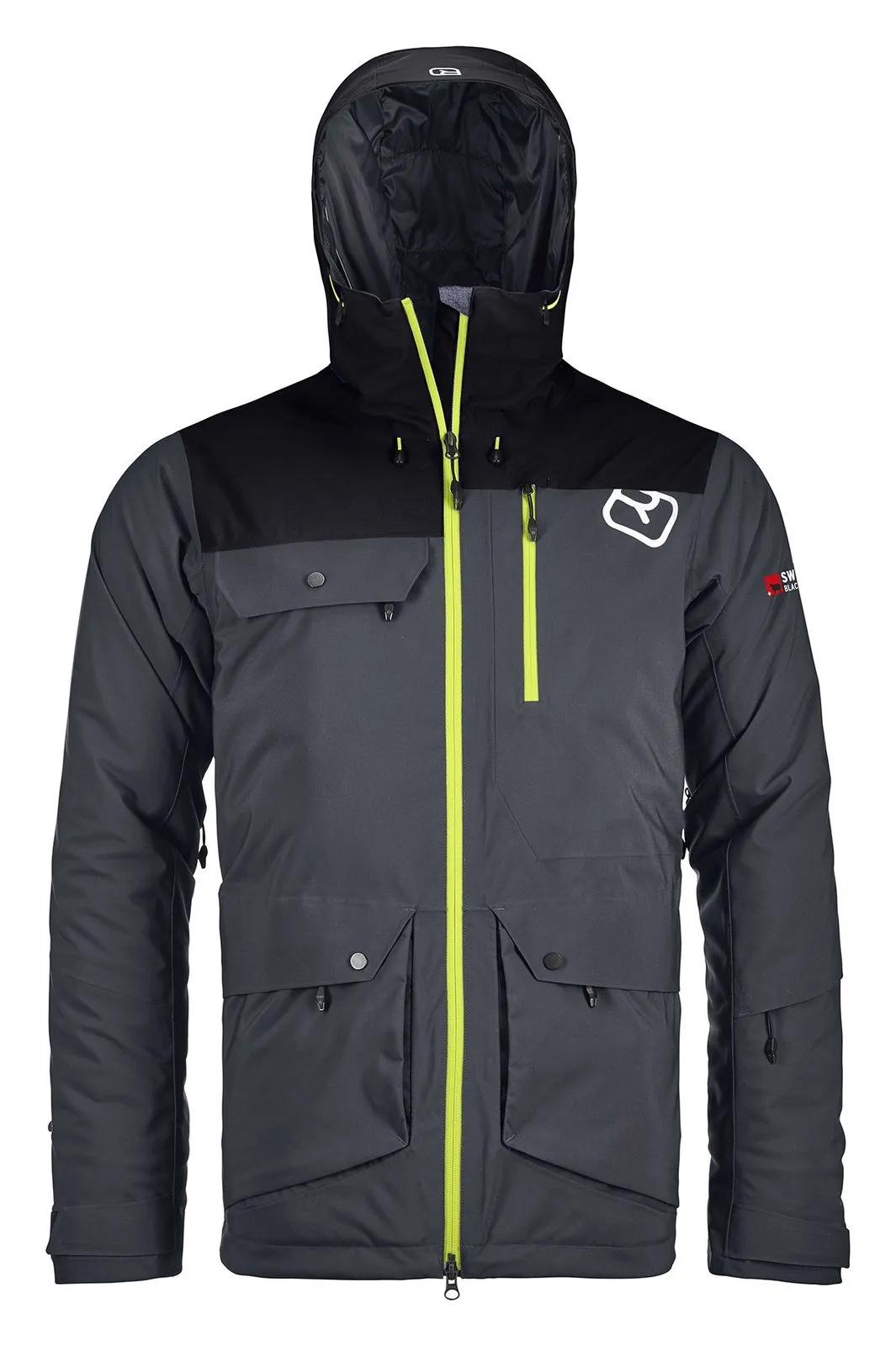 Grey Ortovox Andermatt jacket with hood, pockets and neon yellow zipper. The Ortovox logo is white.