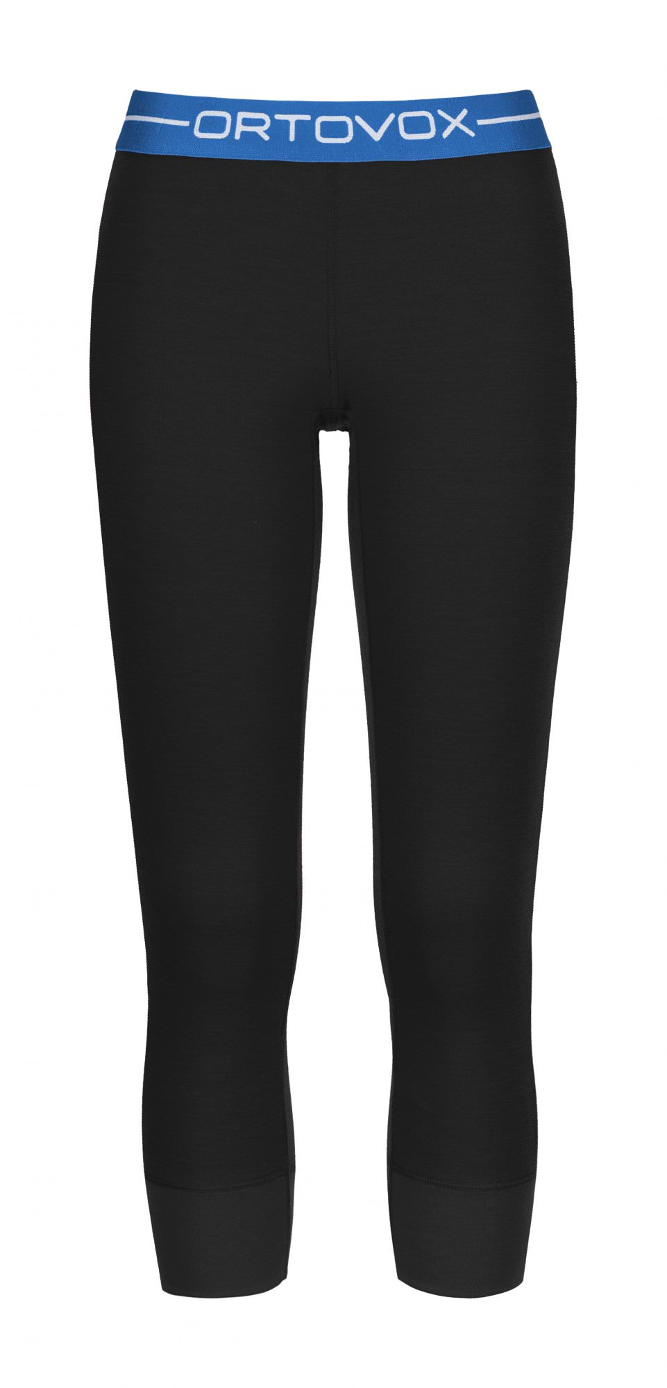 Schwarze Ortovox Merino Supersoft Short Pants für Damen, Dreiviertellänge mit blauem Bund und Markenlogo.