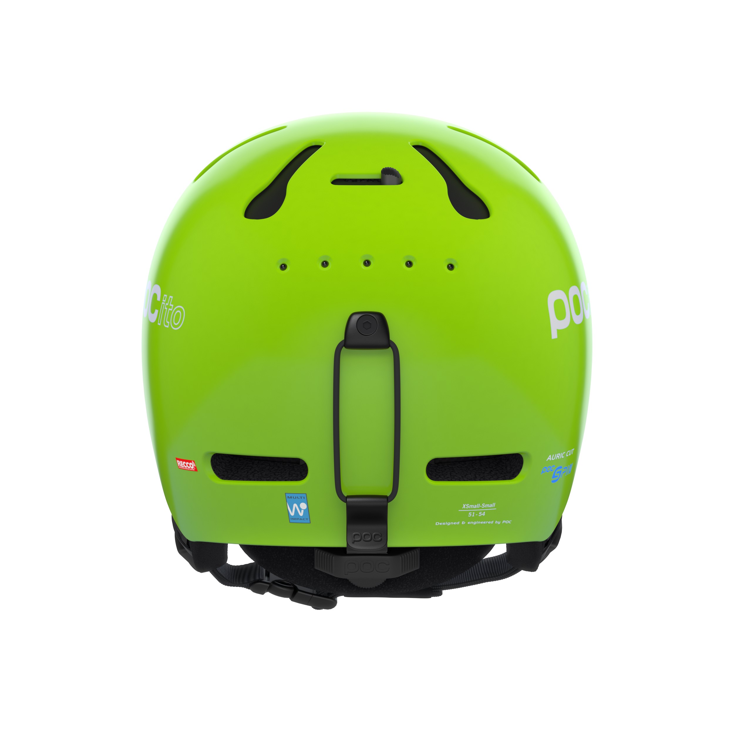 Grüner POC Pocito Auric Cut SPIN Skihelm von hinten, mit Belüftungslöchern und Markenlogos.