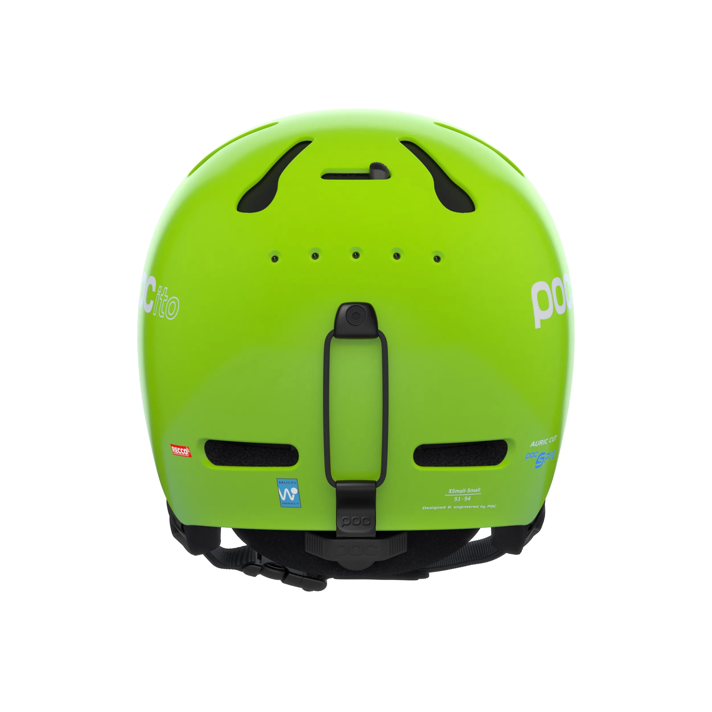Grüner POC Pocito Auric Cut SPIN Skihelm von hinten, mit Belüftungslöchern und Markenlogos.