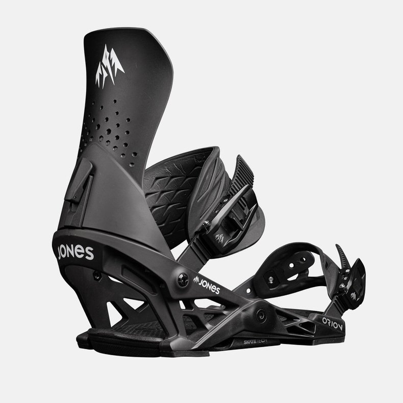 Schwarze Jones Orion Eclipse Snowboardbindung, seitliche Ansicht.