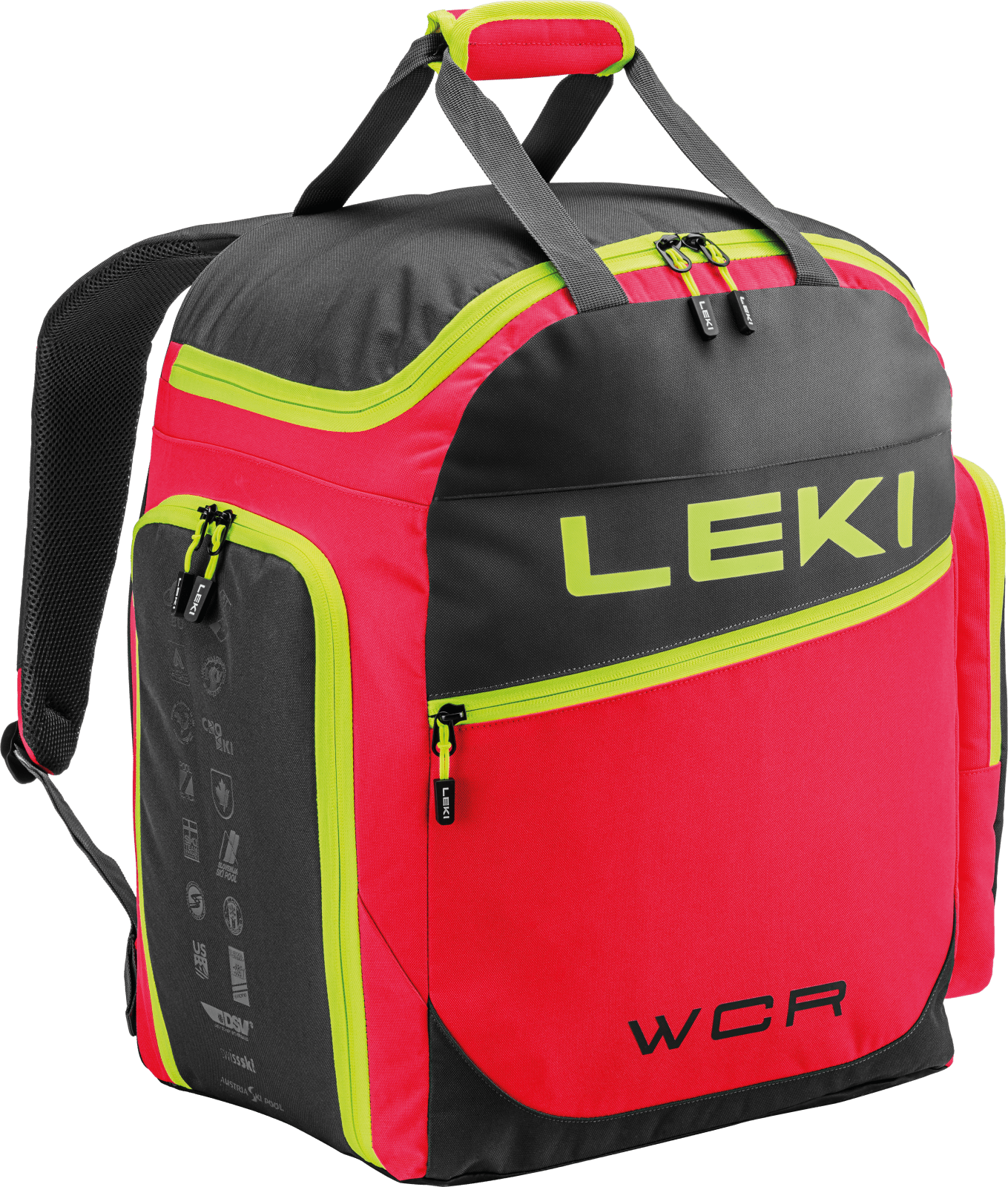 Roter Leki Skibootbag WCR 60L mit Tragegriffen, Reißverschlüssen und gelben Akzenten.