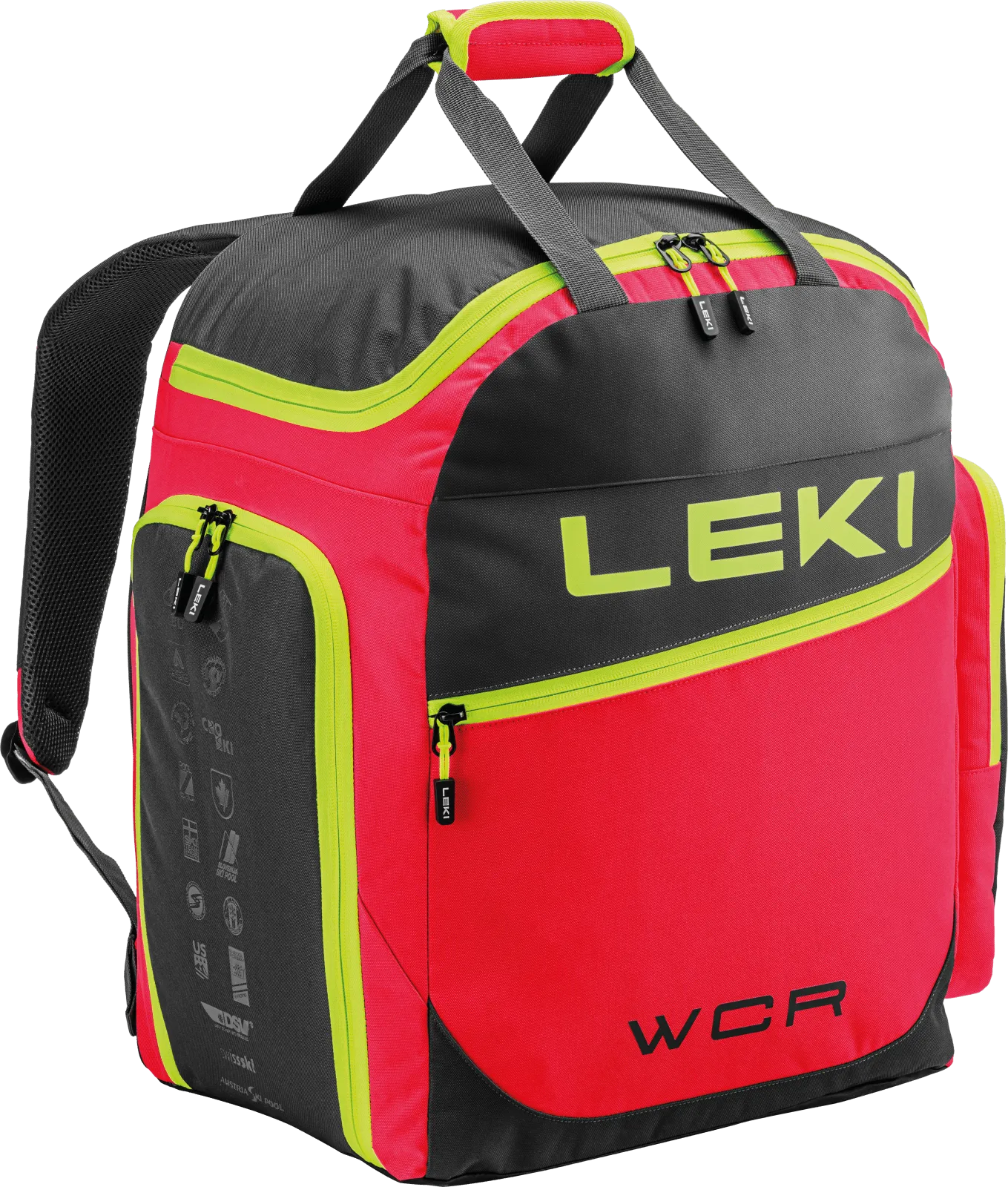 Roter Leki Skibootbag WCR 60L mit Tragegriffen, Reißverschlüssen und gelben Akzenten.