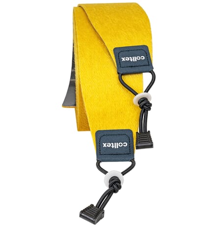 Peaux de ski de randonnée jaunes avec logo Coltex, corde de tension et éléments de fixation.