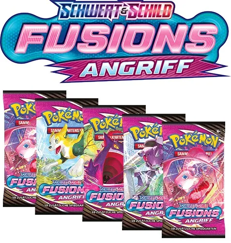 Pokémon-Sammelkarten: Vier Boosterpacks der Edition Schwert & Schild – Fusionsangriff mit verschiedenen Pokémon-Motiven.