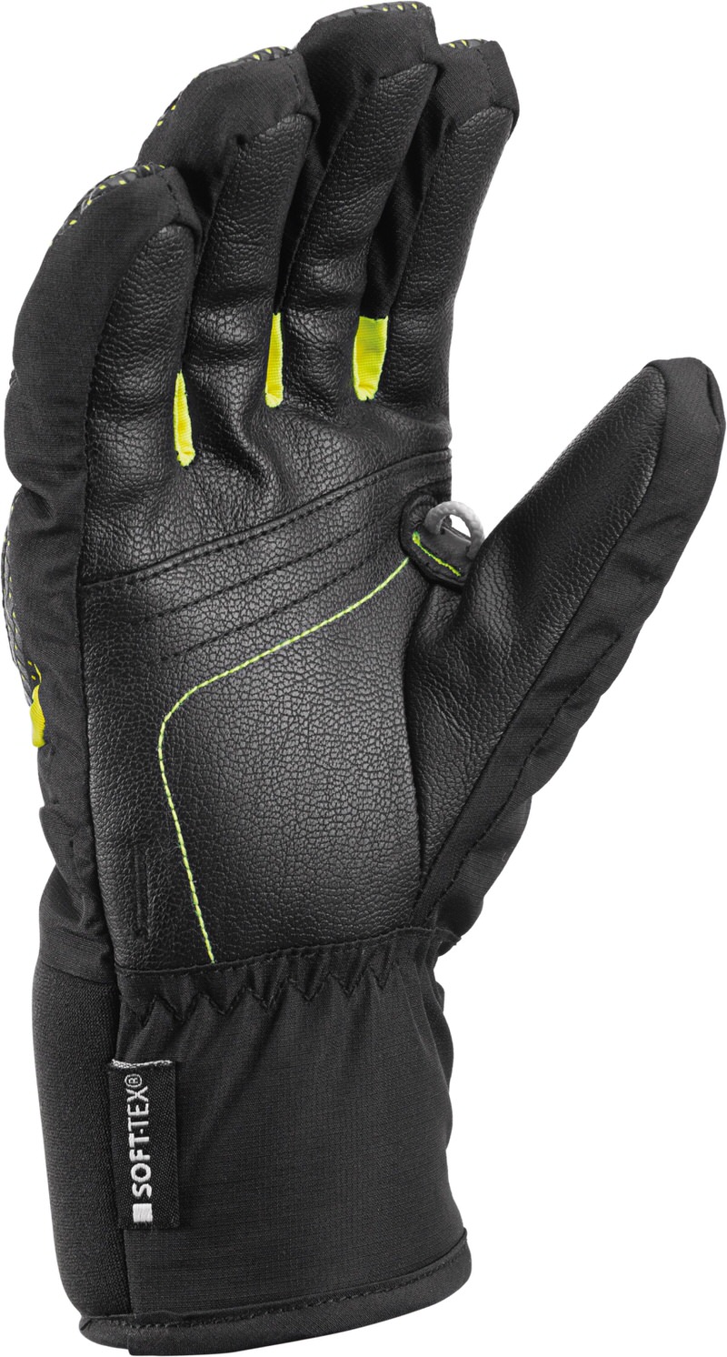 Close-up of a black Leki Worldcup S Junior ski glove. The palm is made of leather with yellow accents.