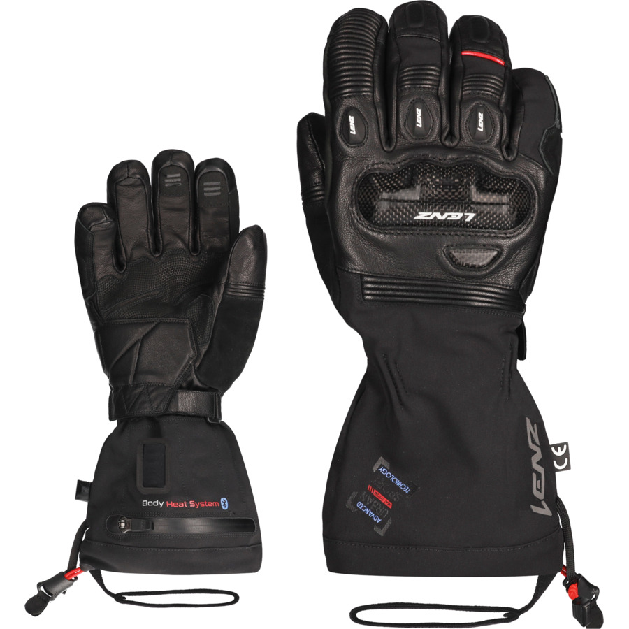 Schwarze Touring Handschuhe Zwei schwarze Lenz Heat Touring Gloves, Handflächen nach oben, Details wie Lederpatches sichtbar.