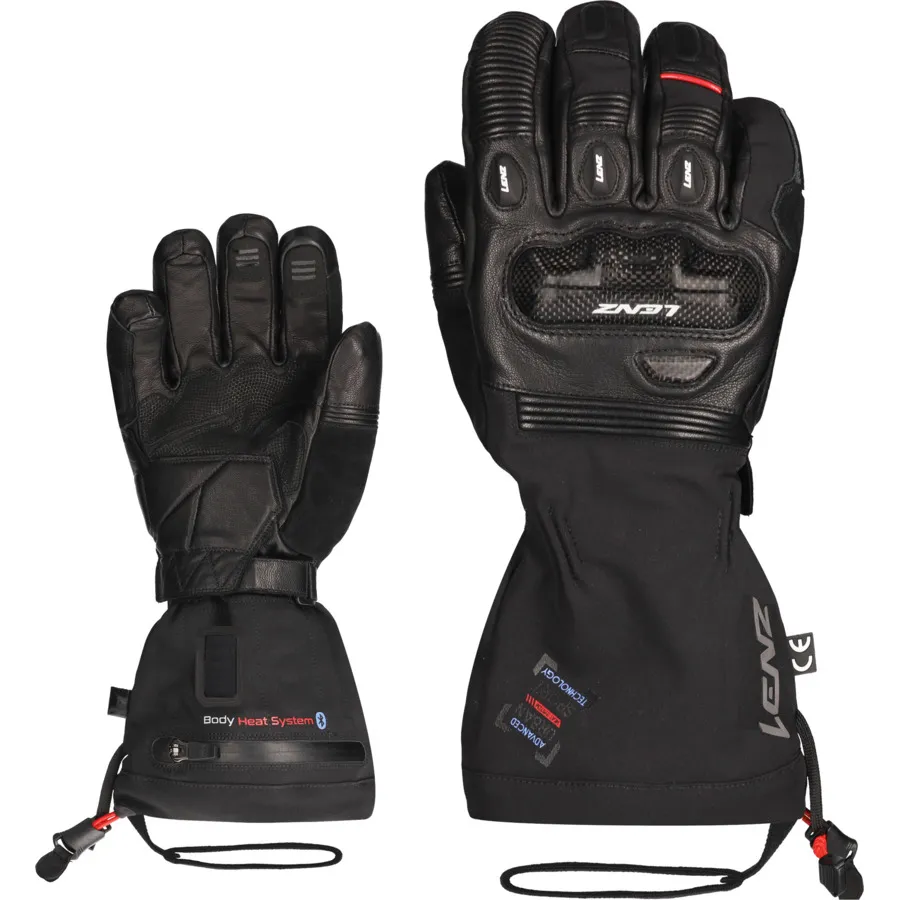 Two black Lenz Heat Touring Gloves, palms up, details such as leather patches visible.