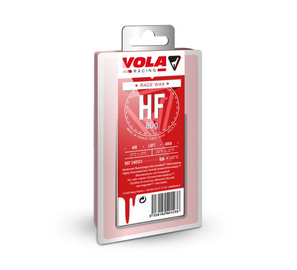 Verpackung von Vola Racing Race Rouge HF 80g Skiwachs in rot, mit Produktinformationen und Logo.