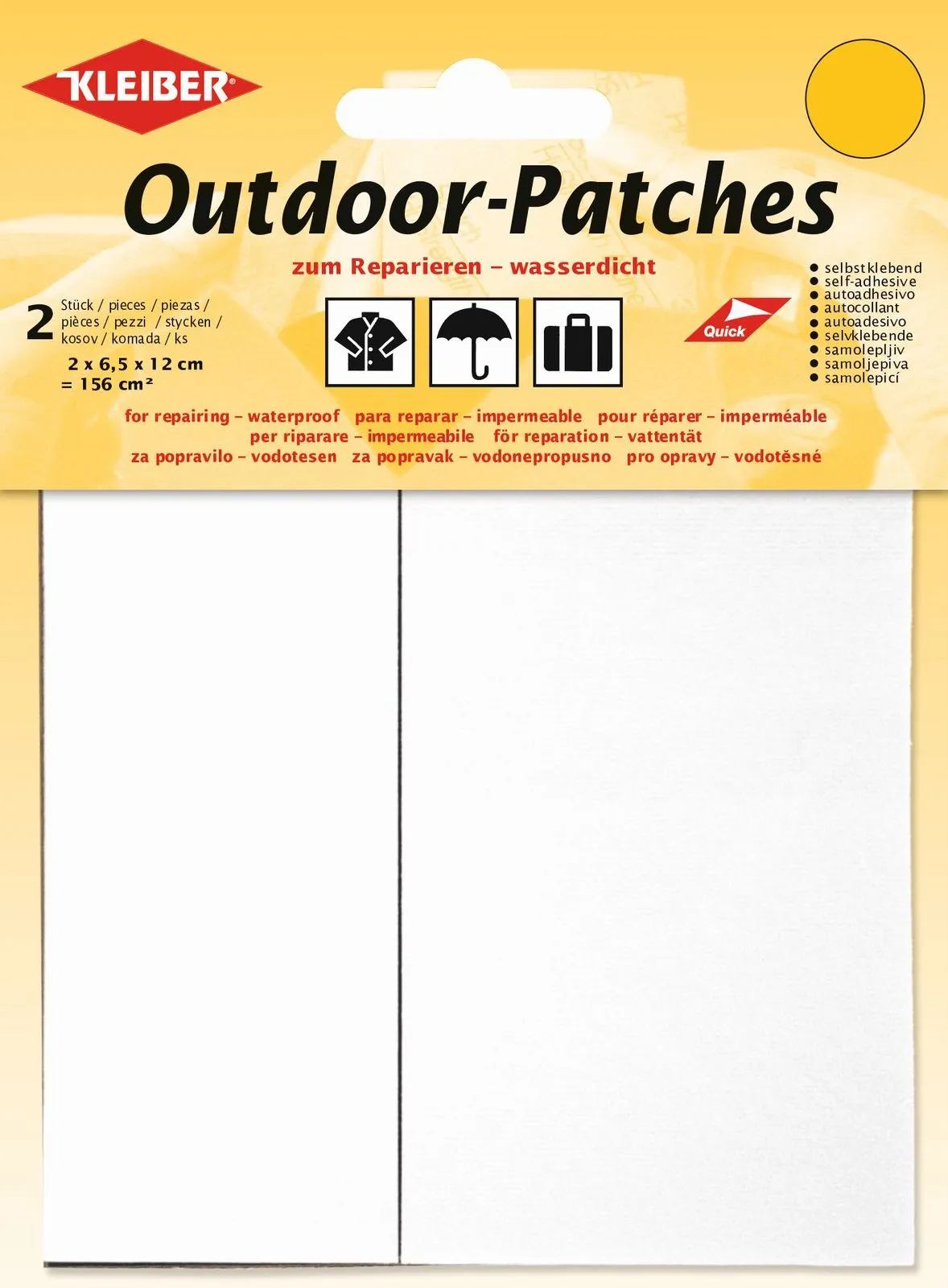 Packaging for outdoor repair patches, waterproof, self-adhesive, with symbols for clothing, umbrellas and suitcases.