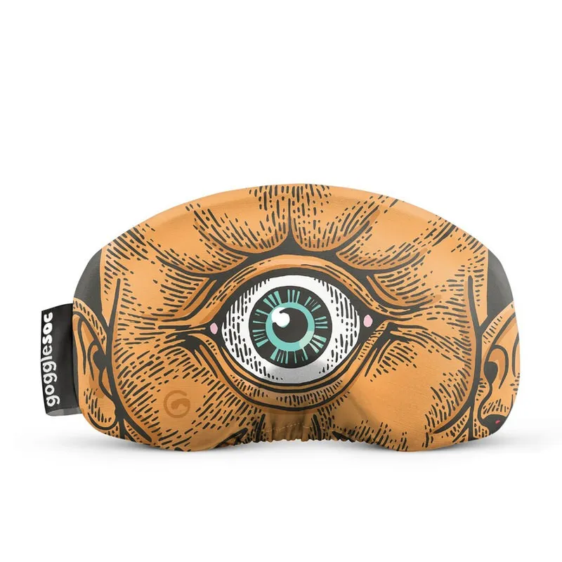 Eyeglass cover with printed large blue eye and brown skin texture.