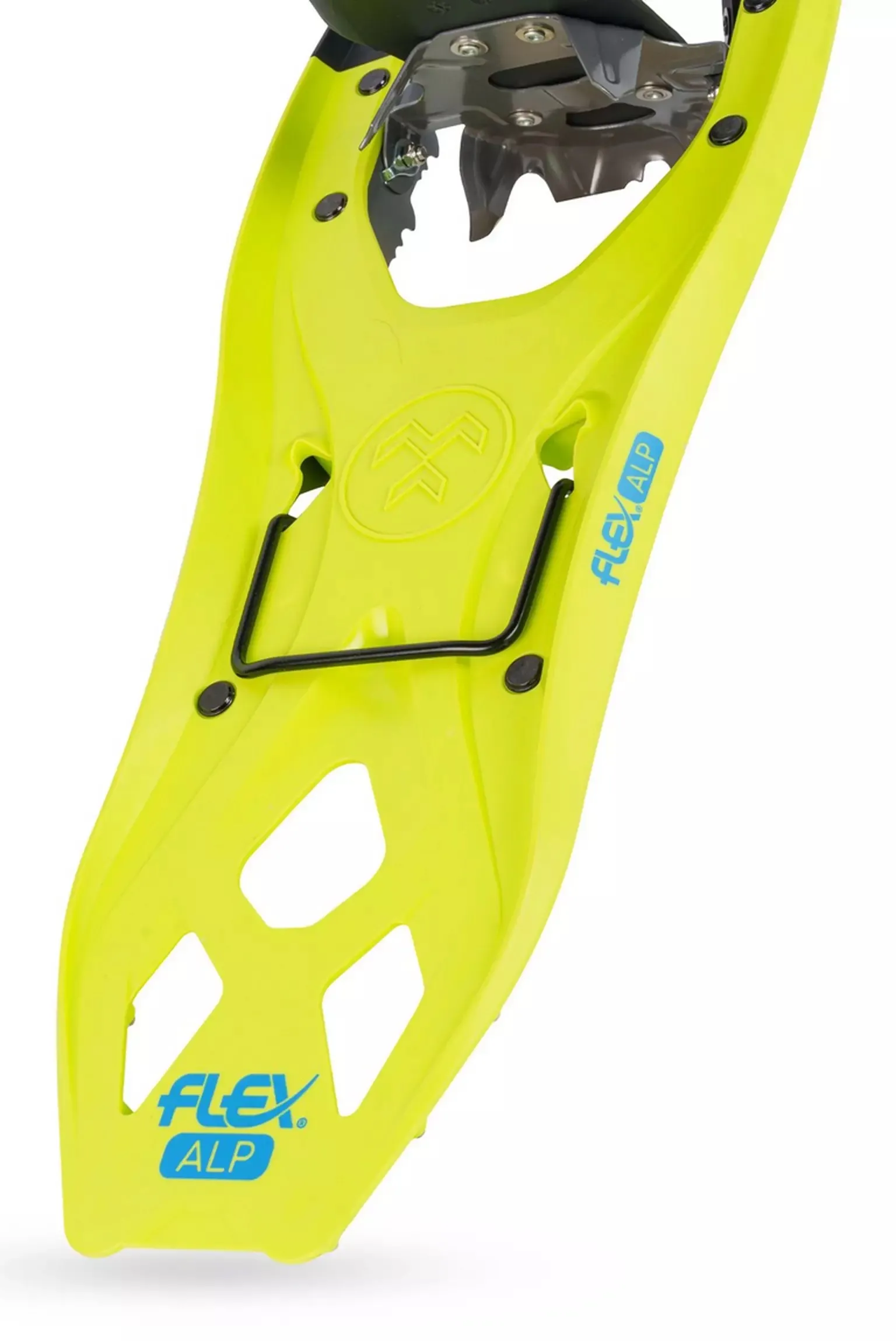 Gros plan sur une raquette à neige Tubbs Flex Alp vert citron, focus sur la fixation et le pont de torsion.