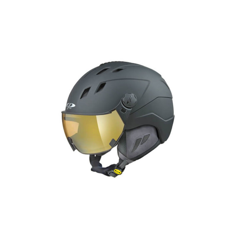 Schwarzer Skihelm CP CORAO+ mit goldenem Visier, Ohrenschutz und Belüftungsöffnungen.