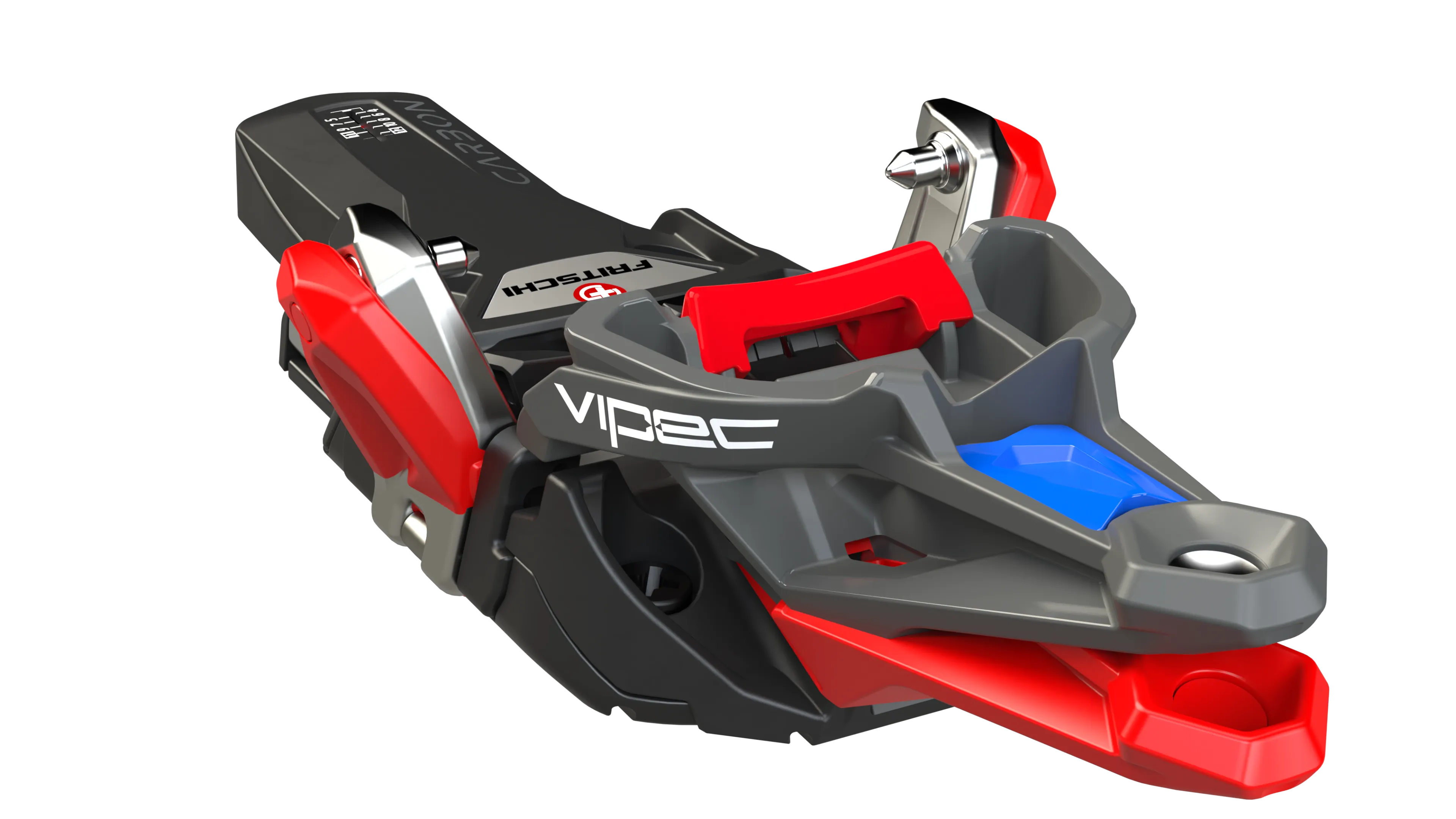 Nahaufnahme der Fritschi Vipec Evo 12 Pin-Bindung in Schwarz, Rot und Grau mit blauem Akzent.