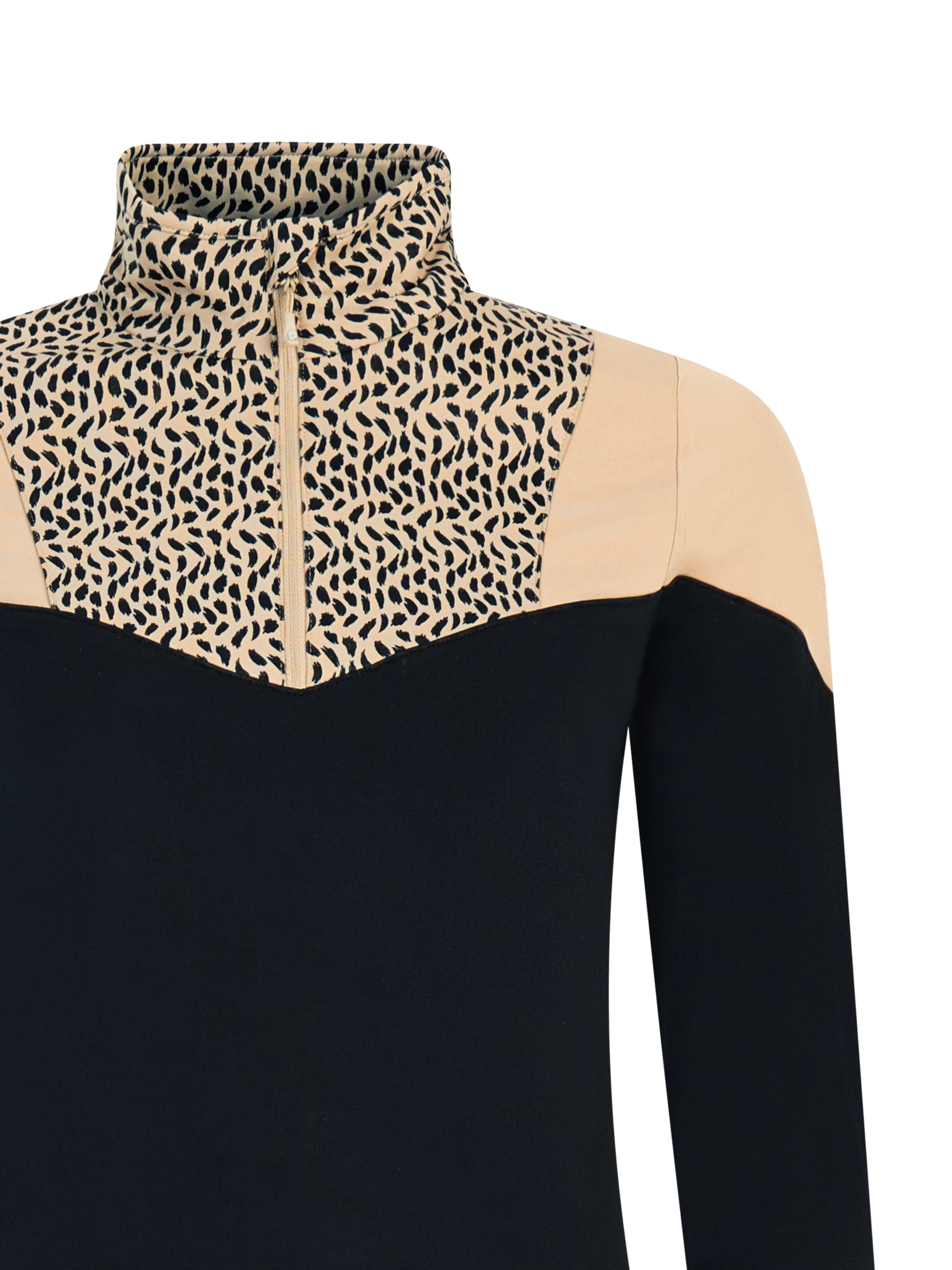 Detailed view of a top with a stand-up collar, the collar and the upper chest area are decorated with a beige animal fur pattern.