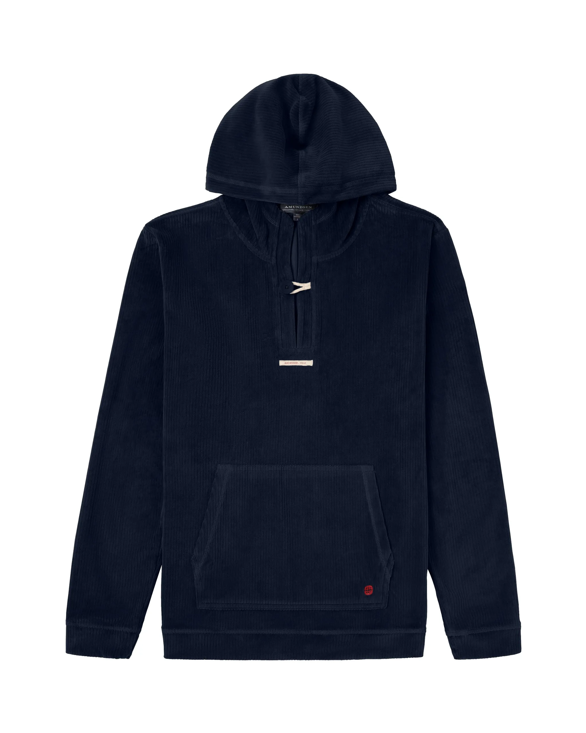 Dark blue corduroy hoodie with half zipper, kangaroo pocket and logo detail.