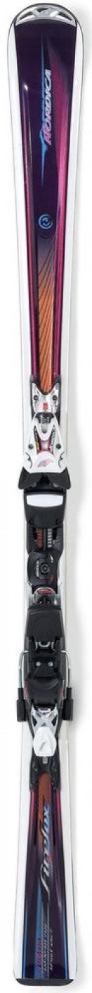 Ski Nordica Firefox XBI CT mit Bindung. Das Design ist lila-orange und weiss.