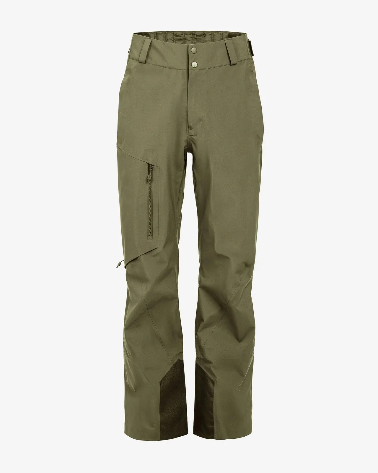 Olive green trousers with straight legs and a zipper on the pocket. The trousers have a darker fabric at the leg ends.