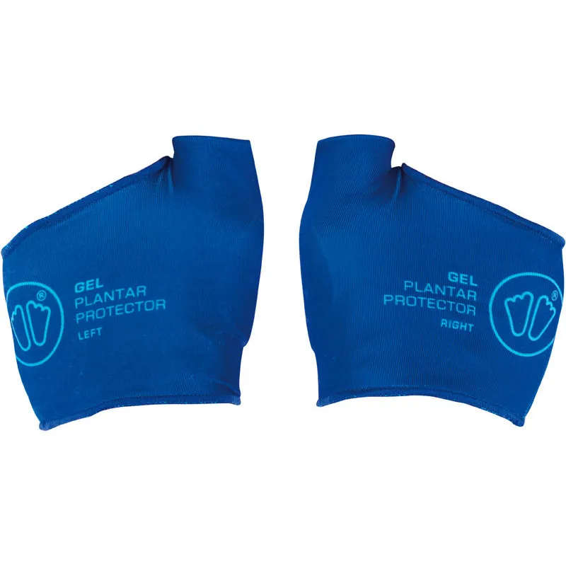 Deux protecteurs plantaires bleus en gel Sidas, pied gauche et pied droit. Avec protection des orteils, logos et inscriptions.