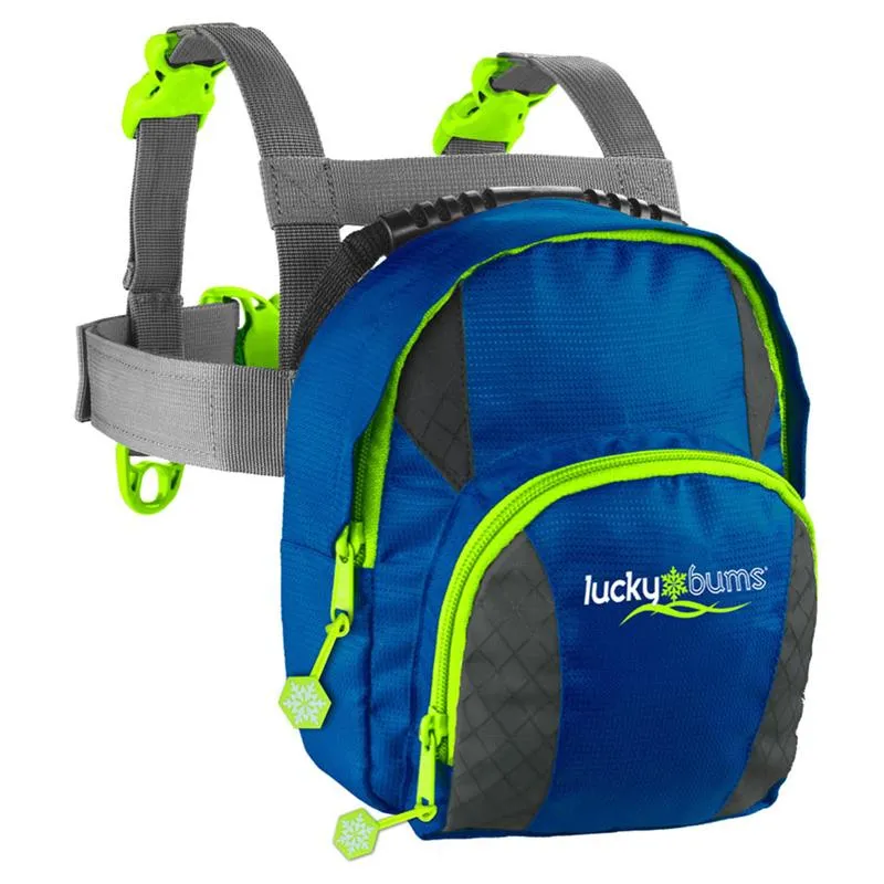 Blauer LuckyBums Kids Skitrainer mit grauen Gurten und grünen Details, Reißverschlüsse mit Schneeflocken-Anhängern.