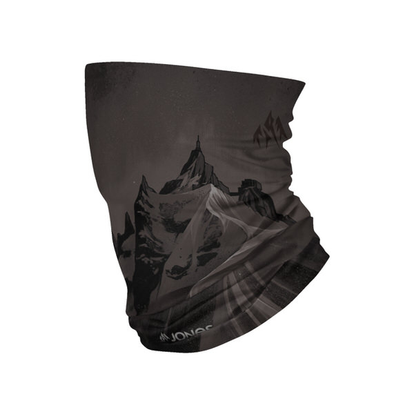 Neck Warmer noir et blanc avec un motif de montagne. Le motif représente un paysage de montagne.