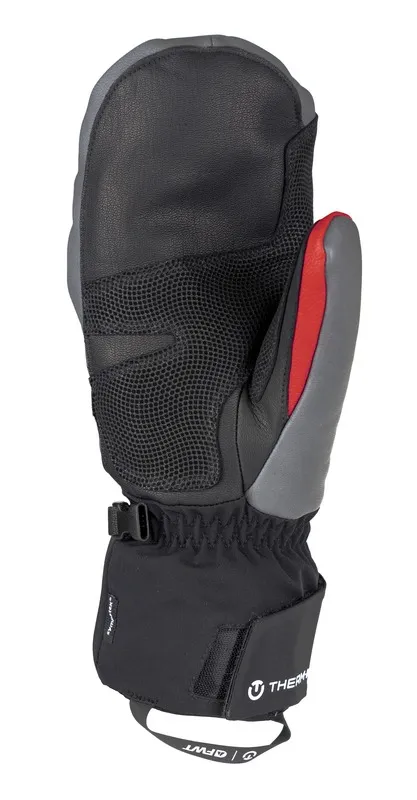 Vue détaillée : Therm-ic Freeride Extra Warm Mittens - FWT Edition. Moufles en noir, gris et rouge avec le logo Therm-ic.