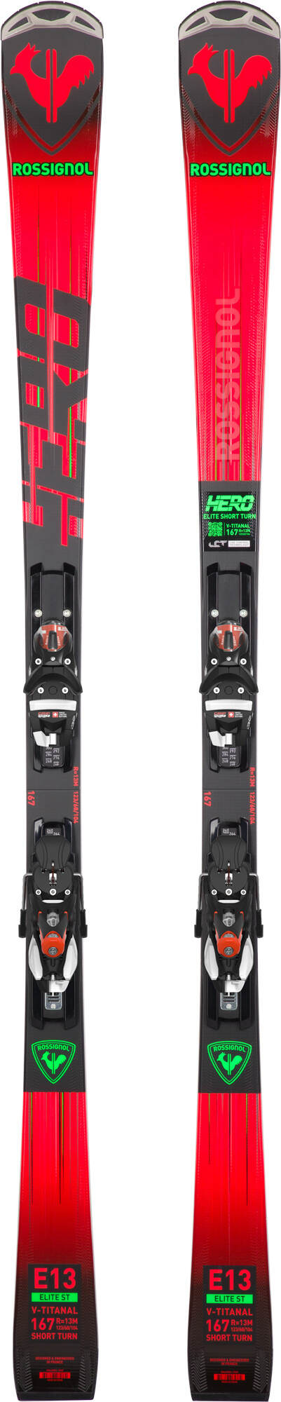 Rote Rossignol Hero Elite ST TI Ski mit Bindung, Frontalansicht.