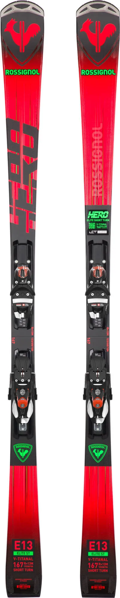 Rote Rossignol Hero Elite ST TI Ski mit Bindung, Frontalansicht.