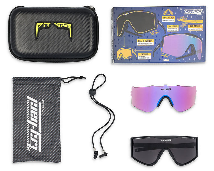Set d'accessoires pour les lunettes de soleil "The Try-Hard The Standard" : étui, pochette, ruban à lunettes, verres interchangeables (rose, noir) et emballage.