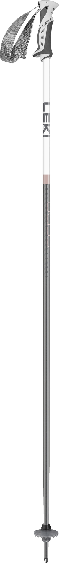 Un seul bâton de ski Leki Bliss en blanc et gris, avec dragonne et rondelle.