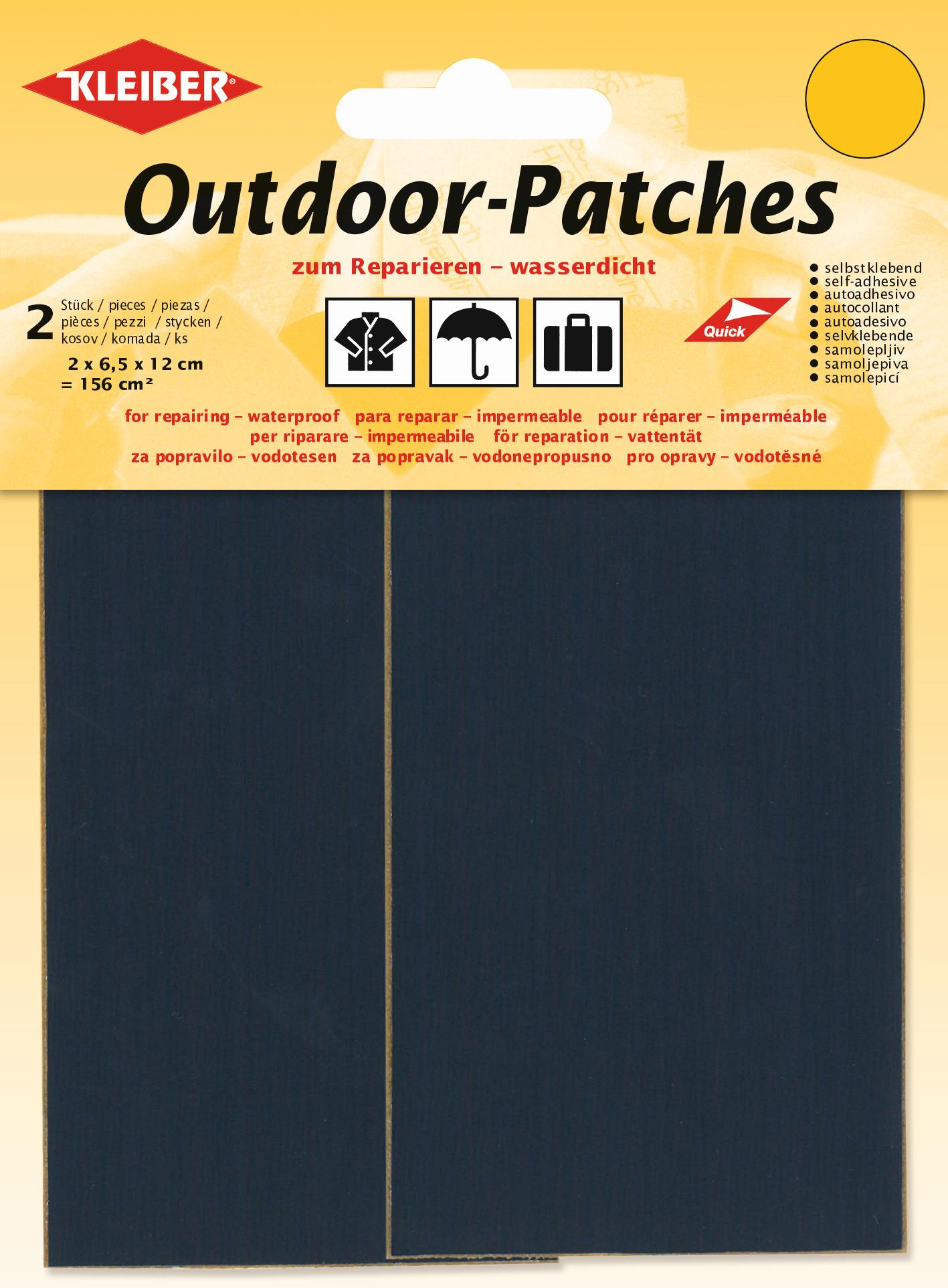Emballage de rustines imperméables pour l'extérieur à réparer avec des images de vêtements, de parapluie et de valise.