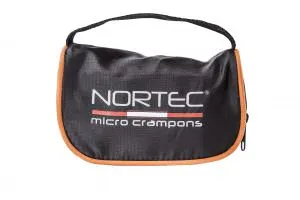 Sac noir avec dragonne, bord orange, impression "NORTEC micro crampons" pour griffe à chaussure.