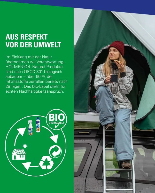 Woman sitting on ladder by car with roof tent, eating and holding cup. Text about sustainability and "Bio Degradable" cycle symbol.