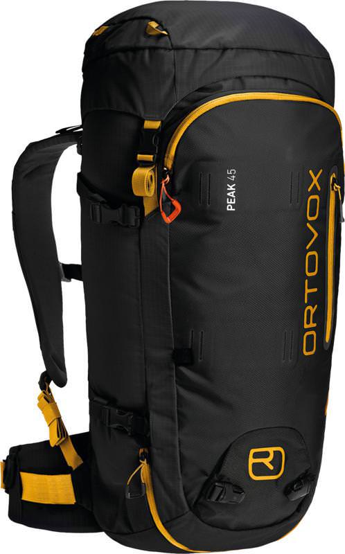 Schwarzer Ortovox Peak 45 Rucksack für Hochtouren, seitliche Ansicht, goldene Akzente und Logo.