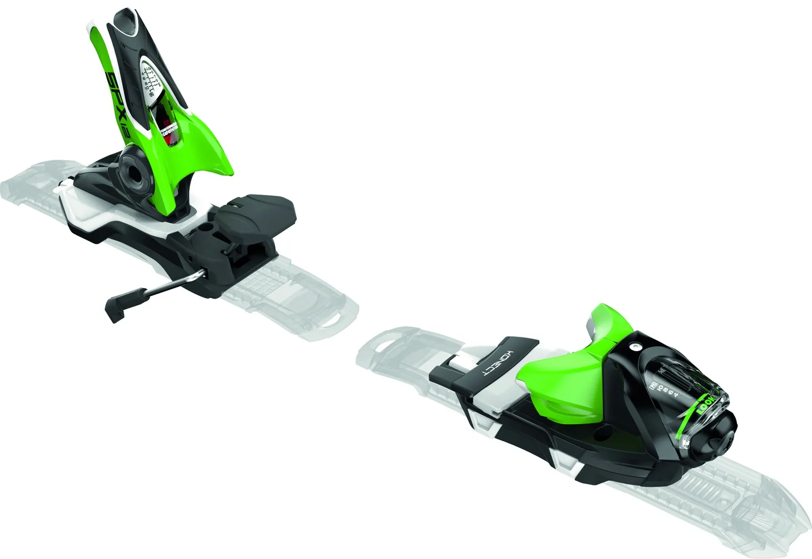 Schwarze und grüne Tyrolia PRD 12 Ski-Bindung mit Tyrolia Multiflex PR Base Platte für den Ramser Yellow Ski.