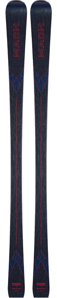 Zwei Allmountain Ski "MACH Spectre" mit blauer und roter Grafik, stehend nebeneinander.