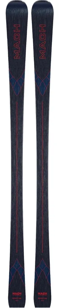 Zwei Allmountain Ski "MACH Spectre" mit blauer und roter Grafik, stehend nebeneinander.