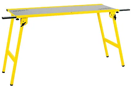 Gelbe Toko Werkbank, 110x50 cm, mit grauem Tischblatt und Auszugsstangen.