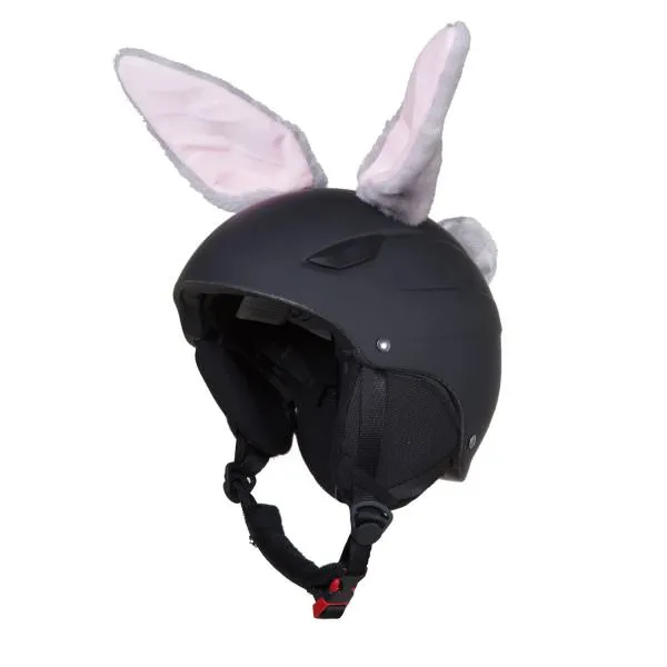 Schwarzer Skihelm mit grauen, plüschigen Hoxyheads Rabbit Ears mit rosa Innenseite.