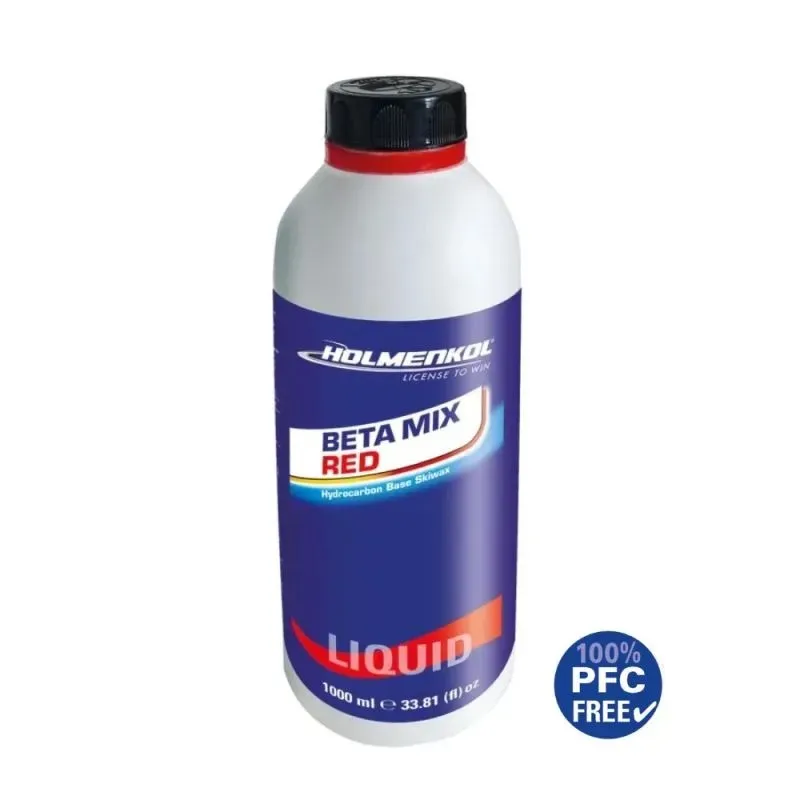 Holmenkol Beta Mix Red liquid ski wax in a white bottle with a blue label and black screw cap. Label: 'Holmenkol LICENSE TO WIN', 'BETA MIX RED Hydrocarbon Base Skiwax', 'LIQUID' 1000 ml. Emblem: '100% PFC FREE'.